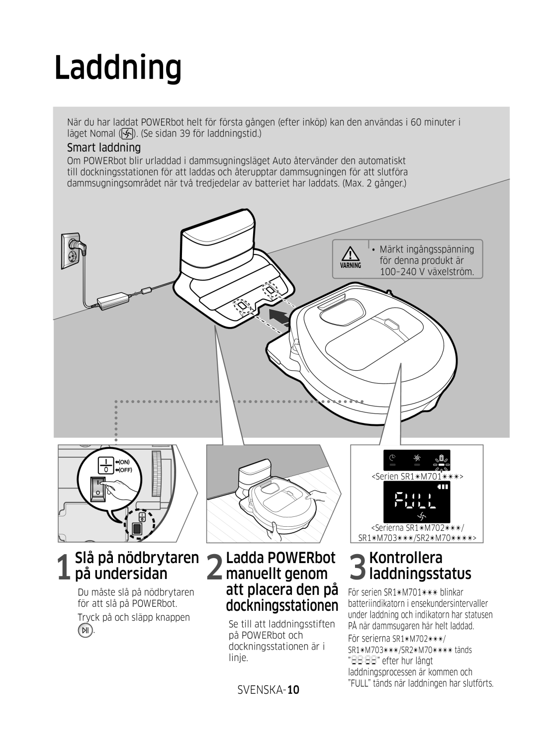 Samsung VR20M707SWD/EE, VR10M703SWG/EE, VR10M701SUW/EE manual Laddning, Smart laddning, SVENSKA-10 