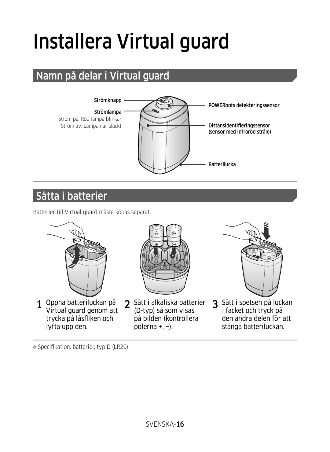 Samsung VR20M707SWD/EE, VR10M703SWG/EE, VR10M701SUW/EE manual Namn på delar i Virtual guard, Sätta i batterier, SVENSKA-16 