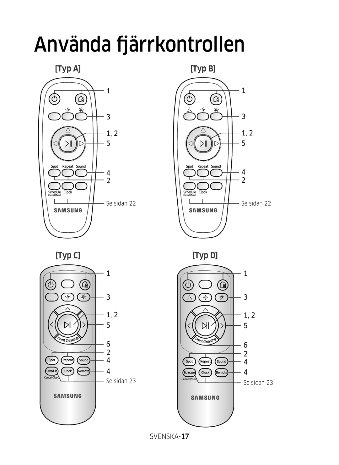 Samsung VR10M703SWG/EE, VR10M701SUW/EE, VR20M707SWD/EE manual Använda fjärrkontrollen, SVENSKA-17 