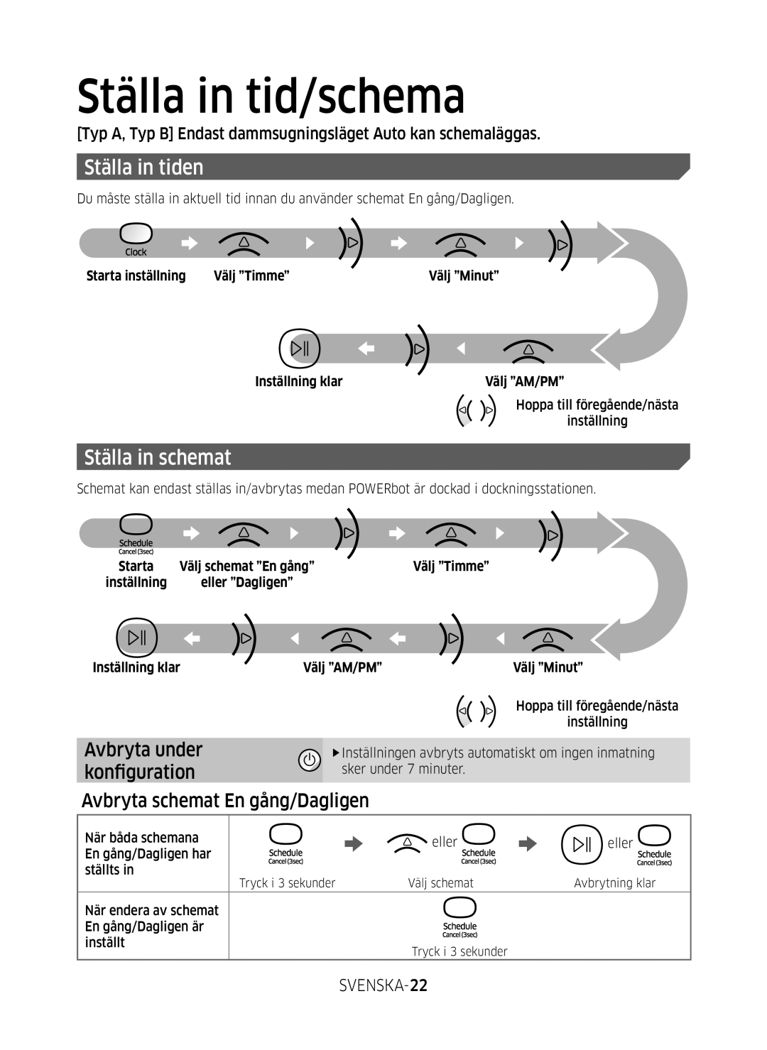 Samsung VR20M707SWD/EE manual Ställa in tid/schema, Ställa in tiden, Ställa in schemat, Avbryta under konfiguration 