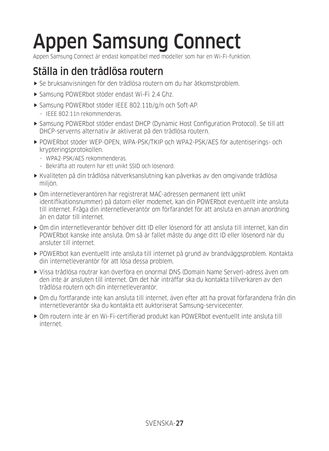 Samsung VR10M701SUW/EE, VR10M703SWG/EE, VR20M707SWD/EE Appen Samsung Connect, Ställa in den trådlösa routern, SVENSKA-27 