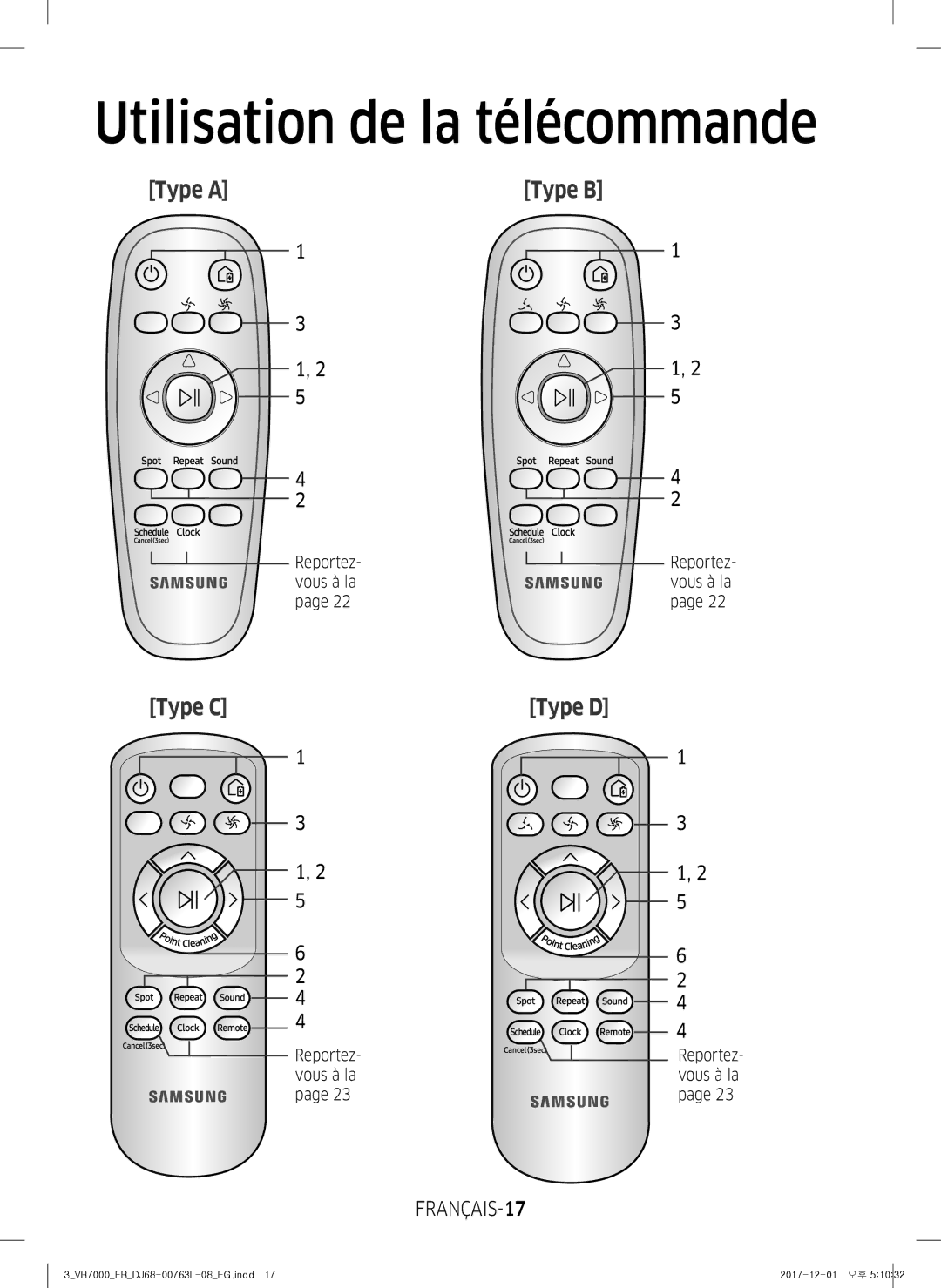 Samsung VR2DM7060WD/EG, VR1DM7020UH/EG manual Utilisation de la télécommande, FRANÇAIS-17, Reportez- vous à la, Vous à la 