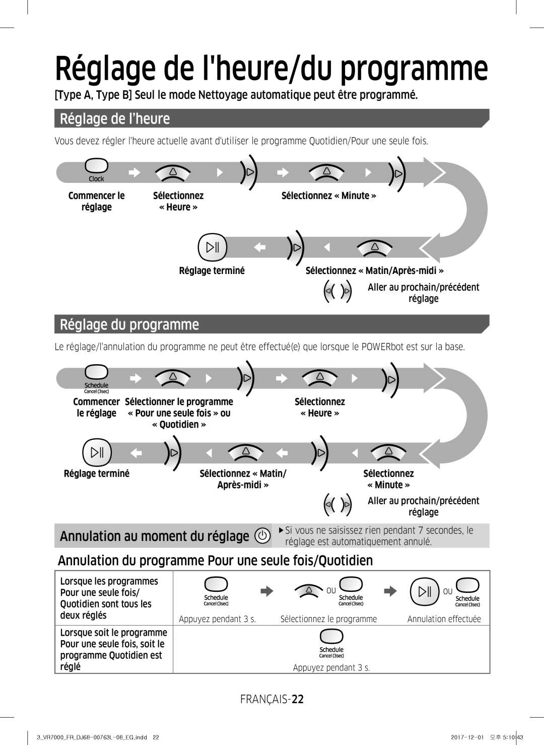 Samsung VR2GM7050UU/EG, VR1DM7020UH/EG manual Réglage de lheure/du programme, Réglage de l’heure, Réglage du programme 