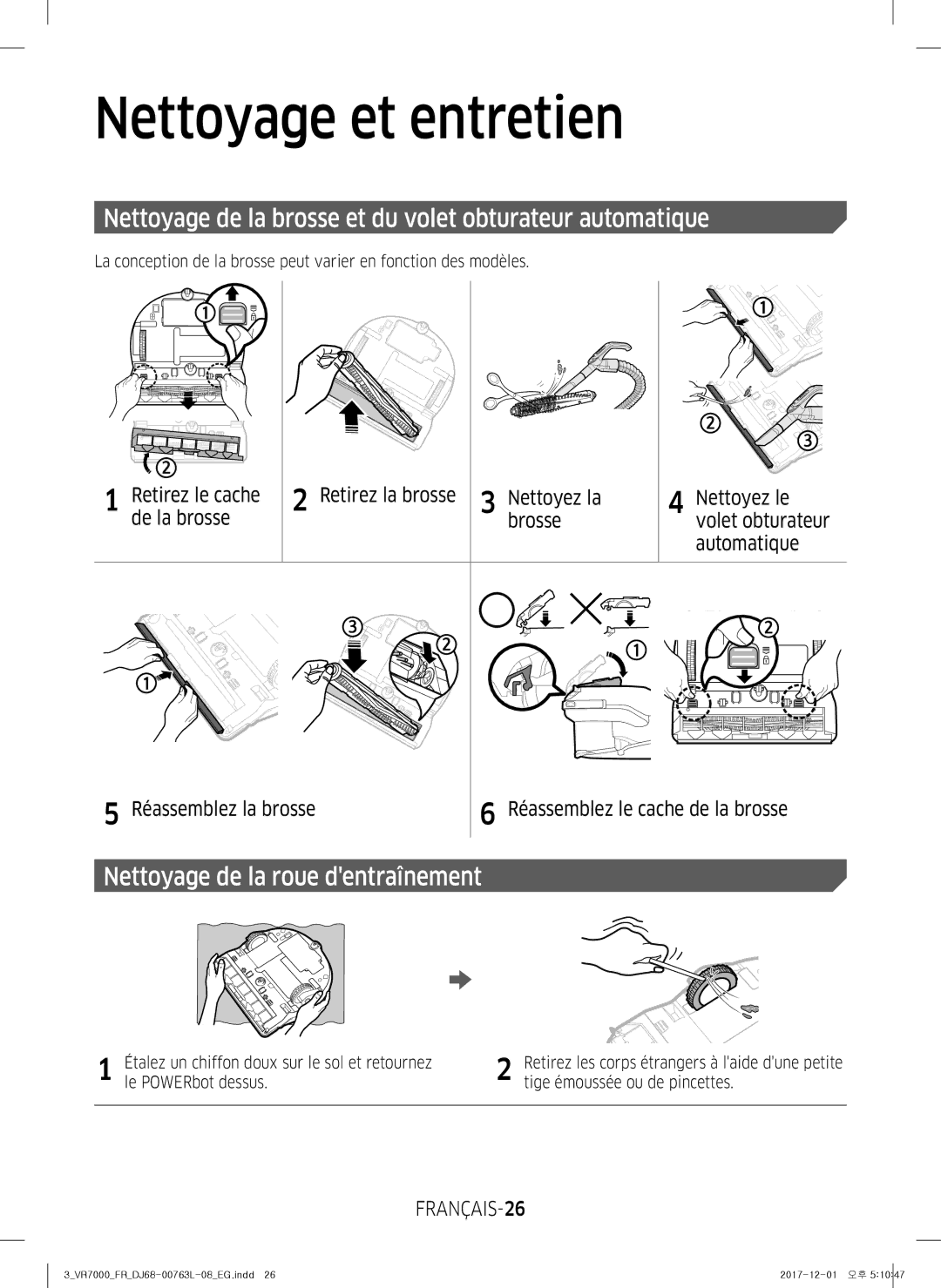 Samsung VR2GM7070WS/EG manual Nettoyage de la brosse et du volet obturateur automatique, Nettoyage de la roue dentraînement 