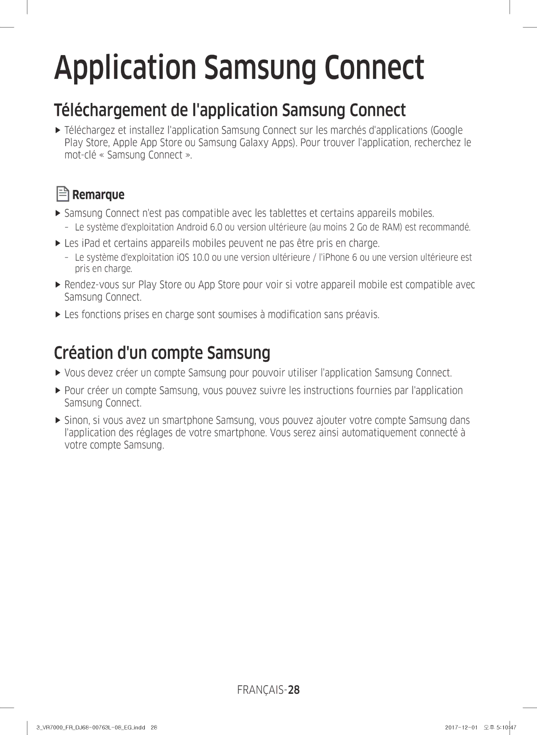 Samsung VR1DM7020UH/EG manual Téléchargement de lapplication Samsung Connect, Création dun compte Samsung, FRANÇAIS-28 