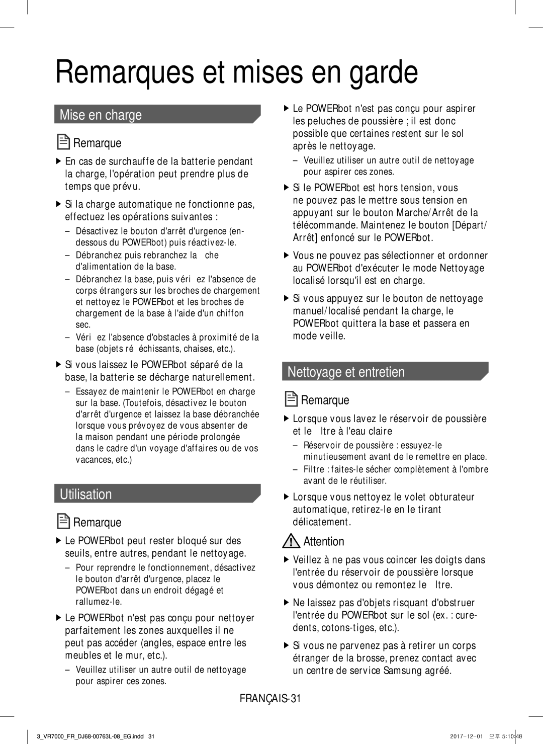 Samsung VR2DM7060WD/EG manual Remarques et mises en garde, Mise en charge, Utilisation, Nettoyage et entretien, FRANÇAIS-31 