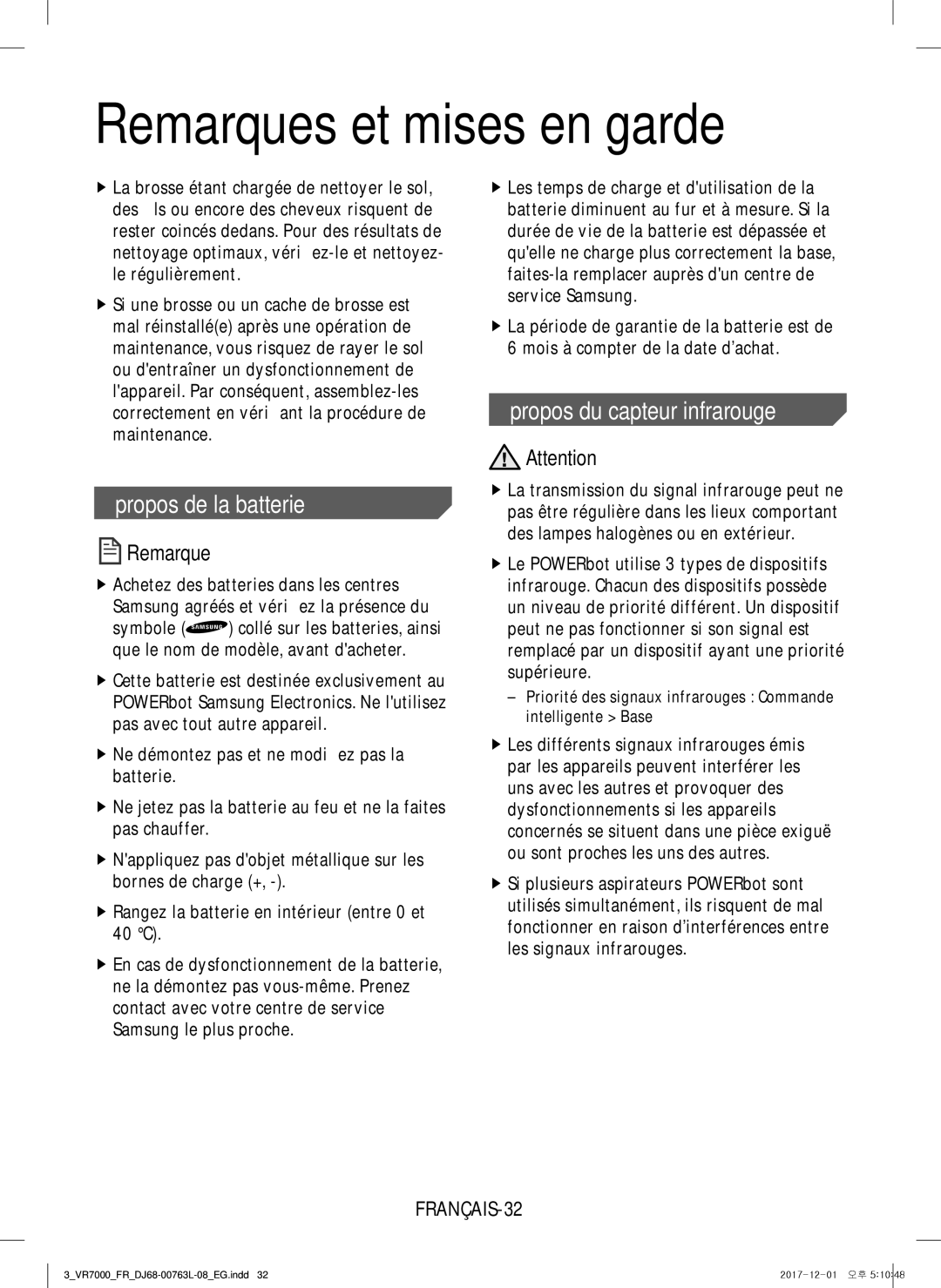 Samsung VR1GM7010UW/EG, VR1DM7020UH/EG, VR2GM7050UU/EG Propos de la batterie, Propos du capteur infrarouge, FRANÇAIS-32 