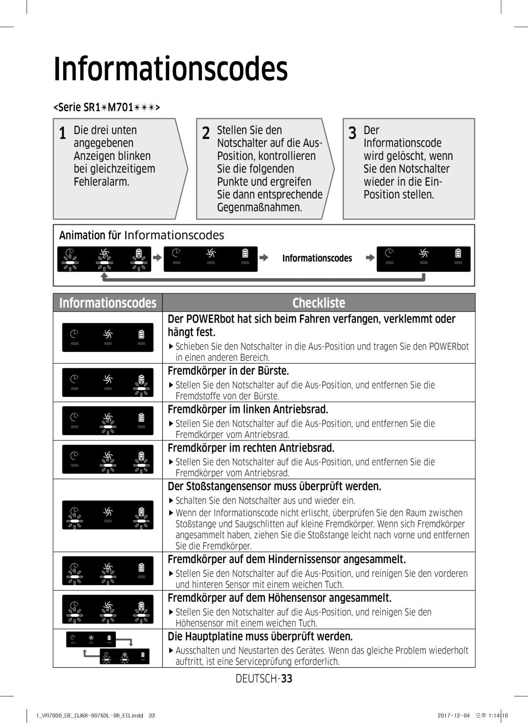 Samsung VR2GM7070WS/EG, VR1DM7020UH/EG, VR2GM7050UU/EG, VR1GM7030WW/EG, VR2DM7060WD/EG manual Informationscodes, DEUTSCH-33 