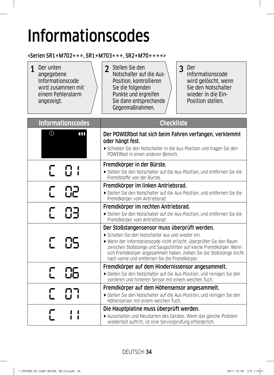 Samsung VR1GM7020UG/EG, VR1DM7020UH/EG manual Informationscode, Oder hängt fest, DEUTSCH-34, Position, kontrollieren 