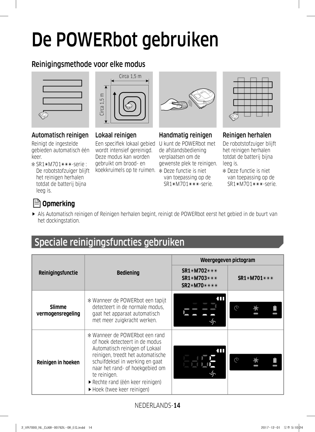 Samsung VR1DM7020UH/EG manual Speciale reinigingsfuncties gebruiken, Reinigingsmethode voor elke modus, NEDERLANDS-14 