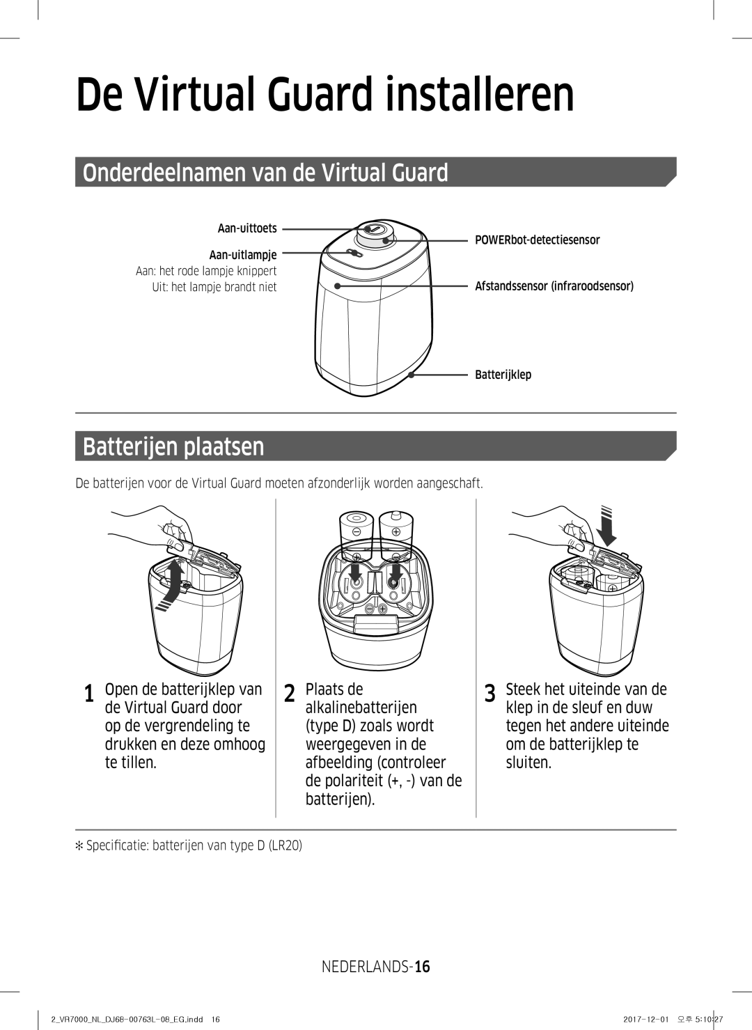 Samsung VR1GM7030WW/EG, VR1DM7020UH/EG manual Onderdeelnamen van de Virtual Guard, Batterijen plaatsen, NEDERLANDS-16 