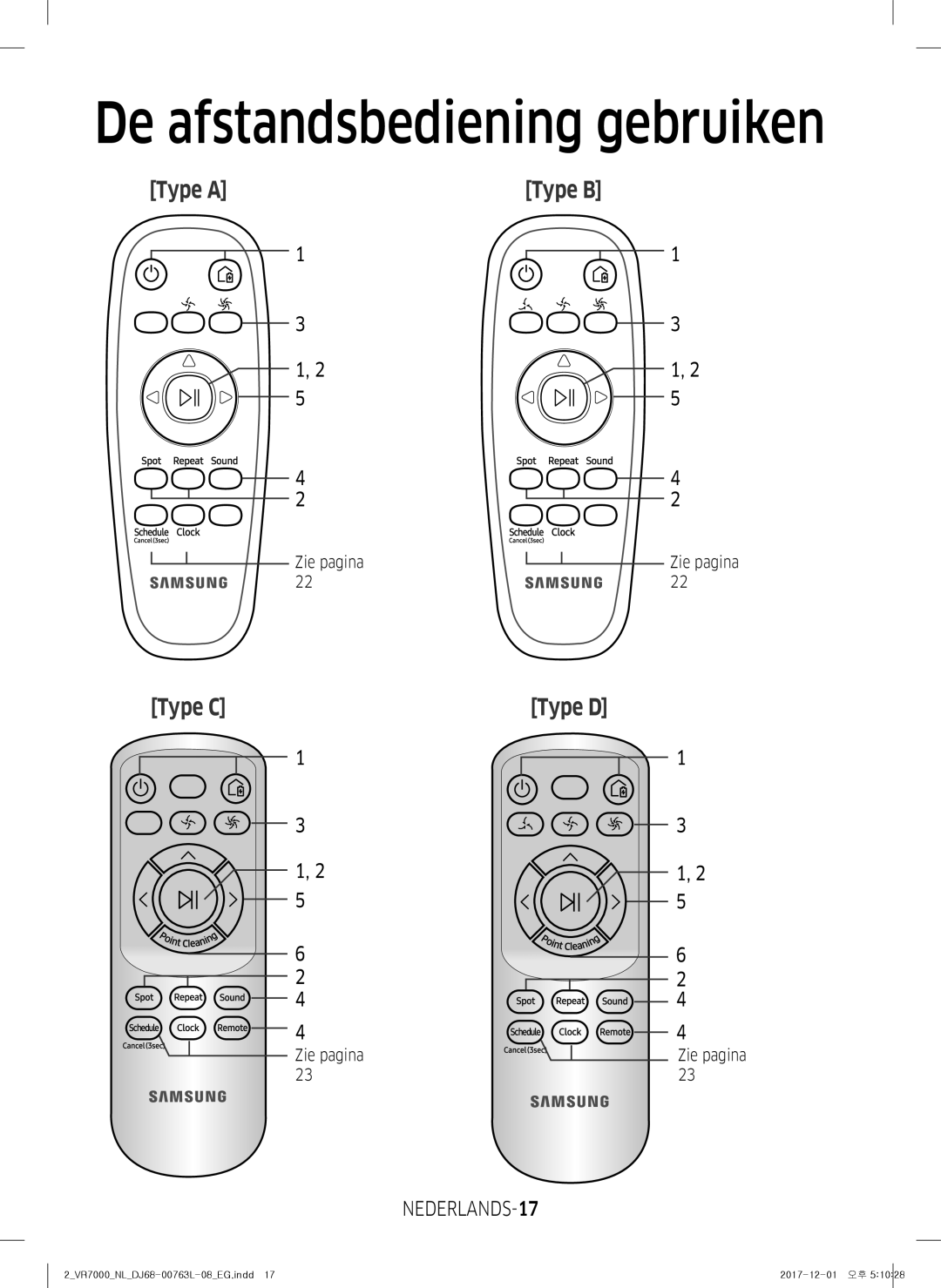 Samsung VR2DM7060WD/EG, VR1DM7020UH/EG, VR2GM7050UU/EG manual De afstandsbediening gebruiken, NEDERLANDS-17, Zie pagina 