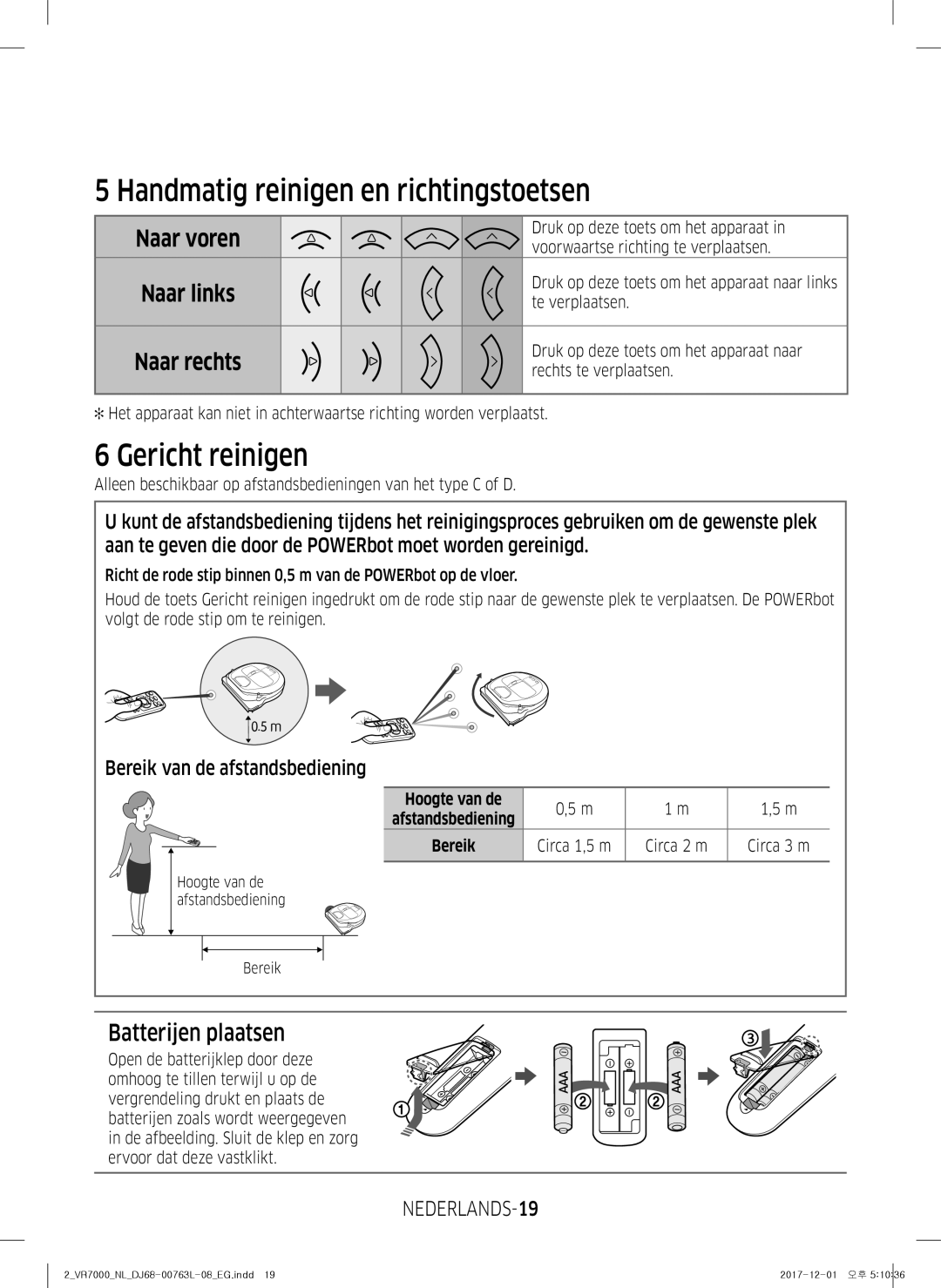 Samsung VR2GM7070WS/EG manual Handmatig reinigen en richtingstoetsen, Gericht reinigen, Batterijen plaatsen, NEDERLANDS-19 