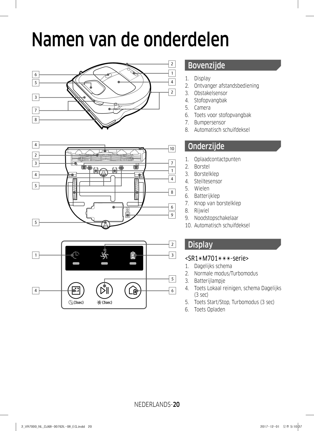 Samsung VR1GM7020UG/EG, VR1DM7020UH/EG, VR2GM7050UU/EG manual Namen van de onderdelen, Bovenzijde, Onderzijde, NEDERLANDS-20 