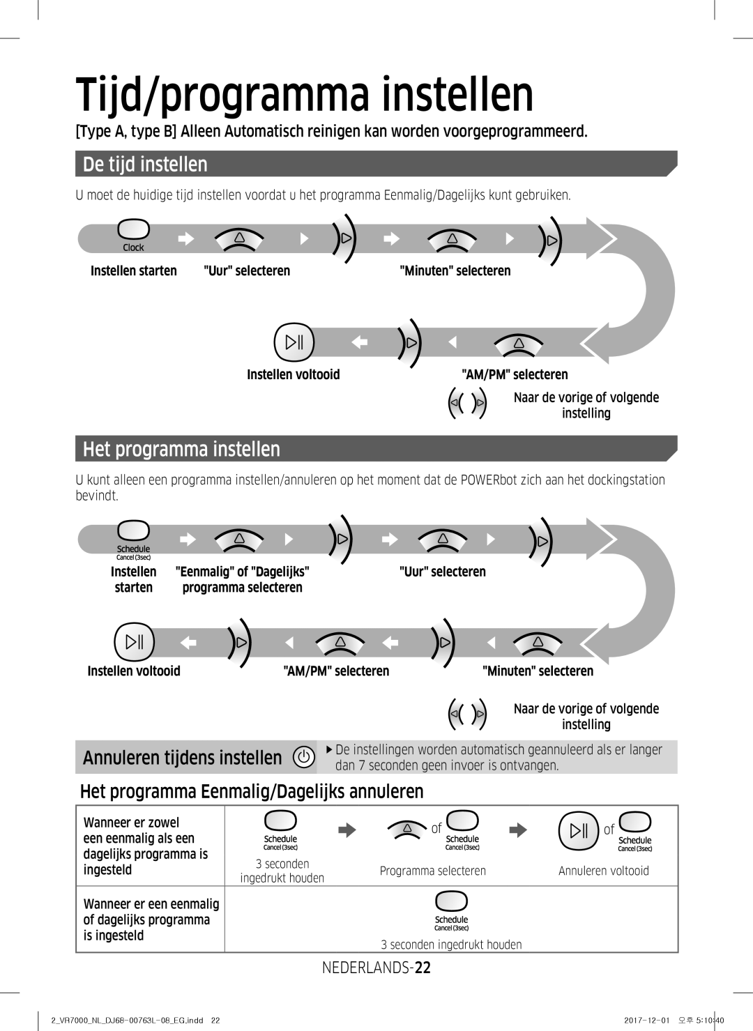 Samsung VR2GM7050UU/EG Tijd/programma instellen, De tijd instellen, Het programma instellen, Annuleren tijdens instellen 