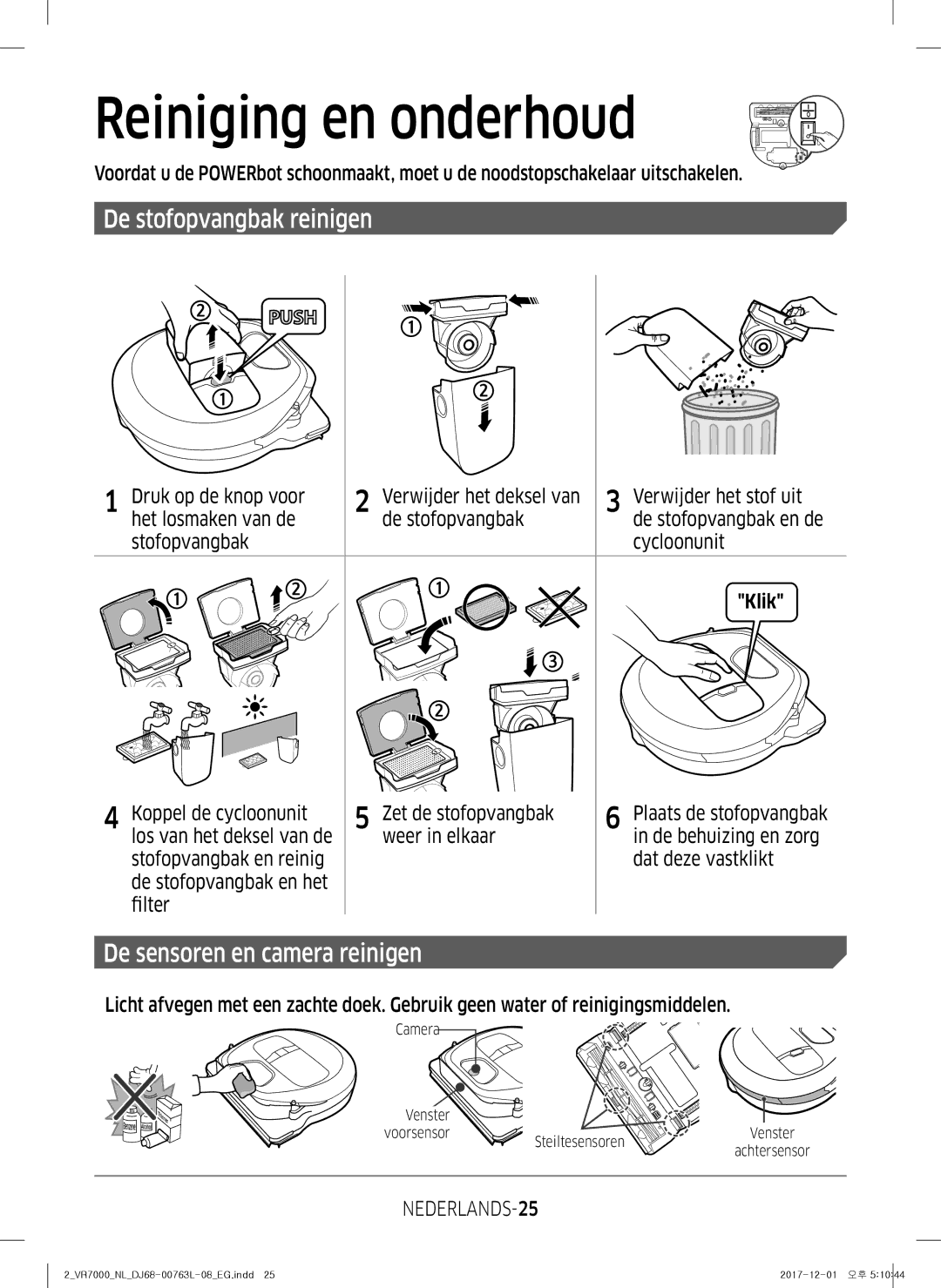 Samsung VR1GM7010UW/EG Reiniging en onderhoud, De stofopvangbak reinigen, De sensoren en camera reinigen, NEDERLANDS-25 