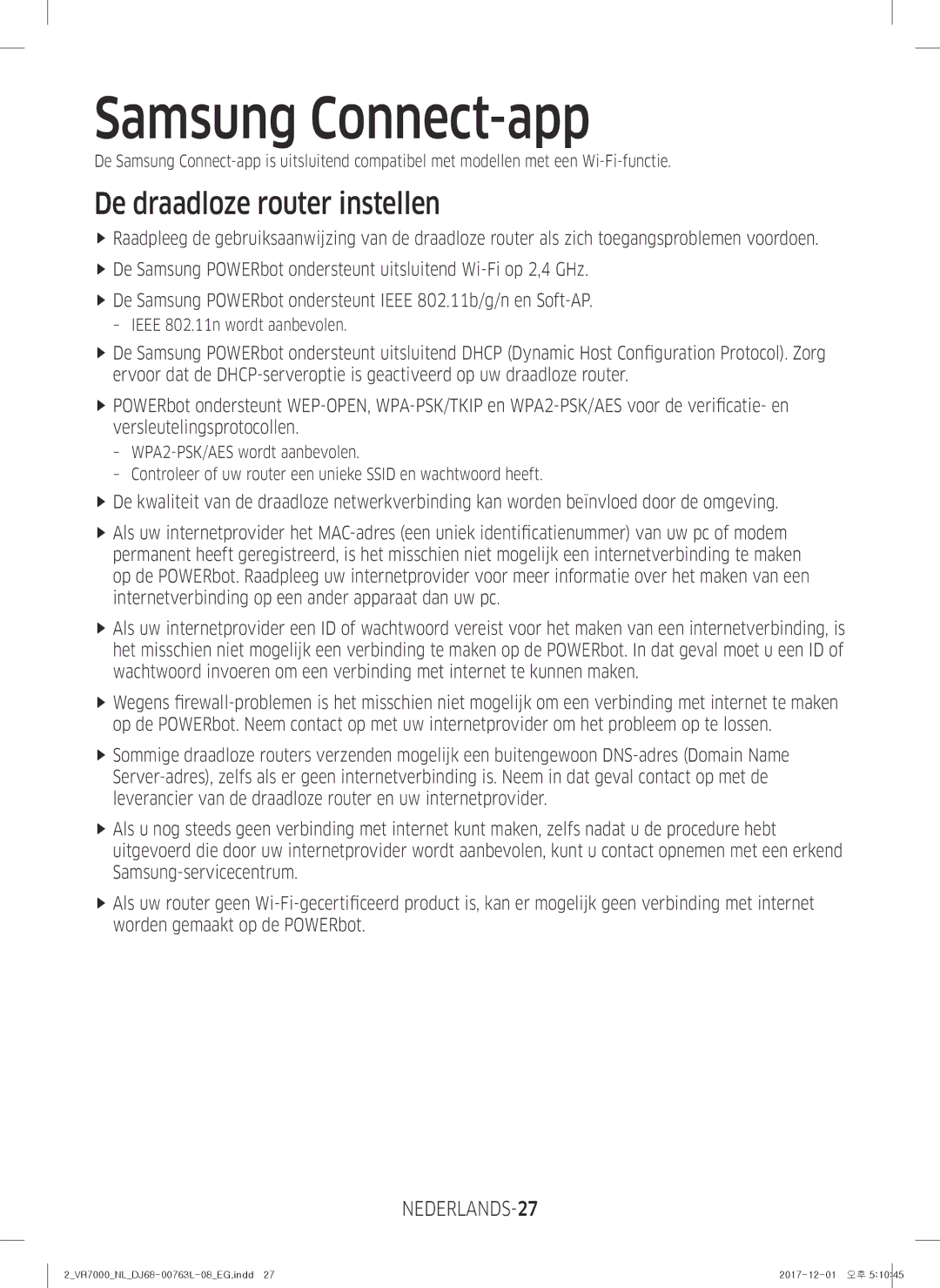 Samsung VR1GM7020UG/EG, VR1DM7020UH/EG manual De draadloze router instellen, NEDERLANDS-27, Ieee 802.11n wordt aanbevolen 