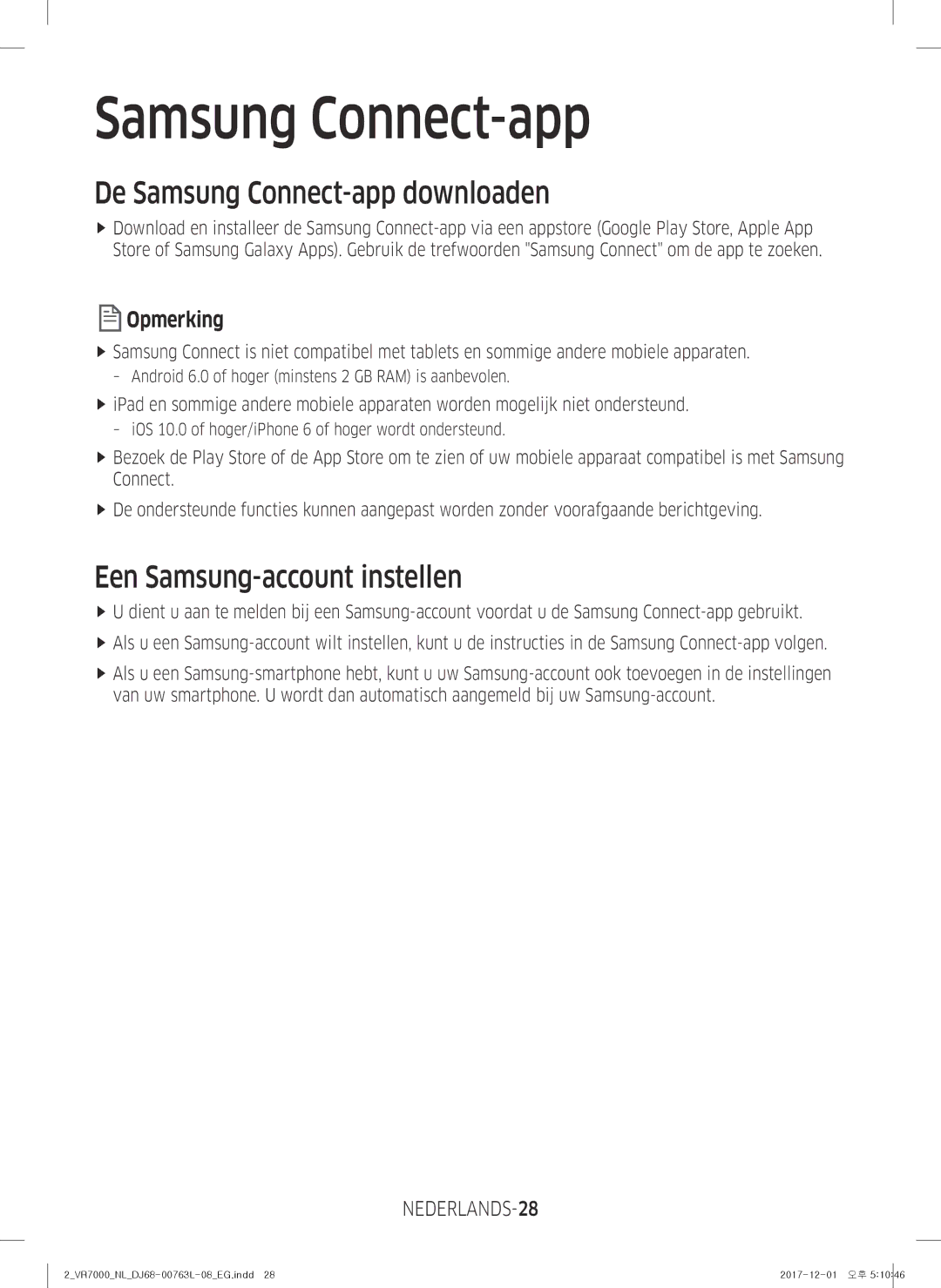 Samsung VR1DM7020UH/EG, VR2GM7050UU/EG De Samsung Connect-app downloaden, Een Samsung-account instellen, NEDERLANDS-28 