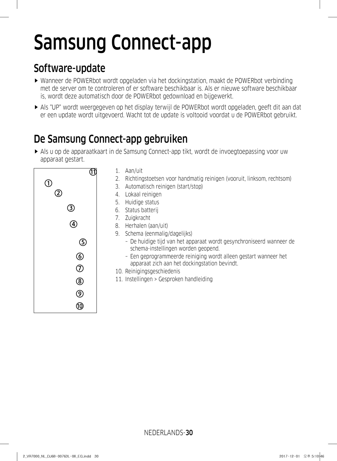 Samsung VR1GM7030WW/EG, VR1DM7020UH/EG, VR2GM7050UU/EG Software-update, De Samsung Connect-app gebruiken, NEDERLANDS-30 