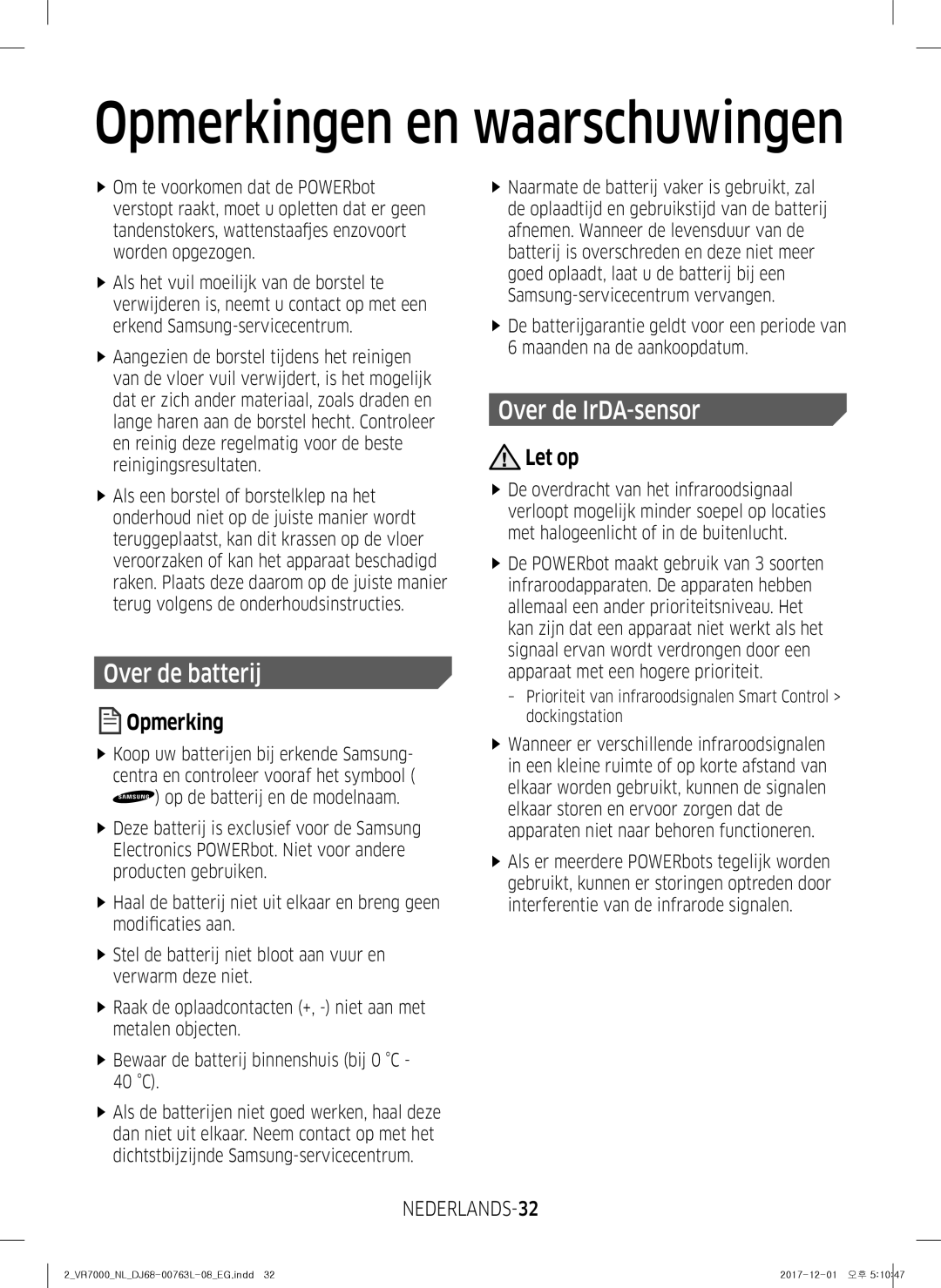 Samsung VR1GM7010UW/EG, VR1DM7020UH/EG, VR2GM7050UU/EG, VR1GM7030WW/EG Over de batterij, Over de IrDA-sensor, NEDERLANDS-32 