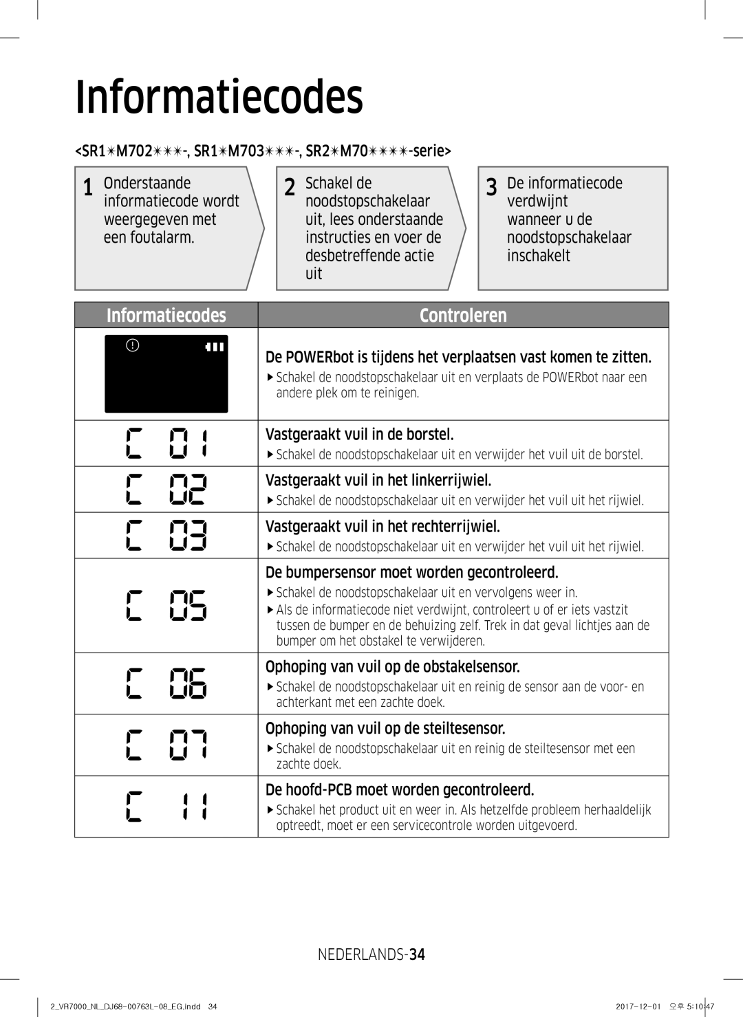 Samsung VR1GM7020UG/EG, VR1DM7020UH/EG, VR2GM7050UU/EG, VR1GM7030WW/EG, VR2DM7060WD/EG manual Een foutalarm, NEDERLANDS-34 