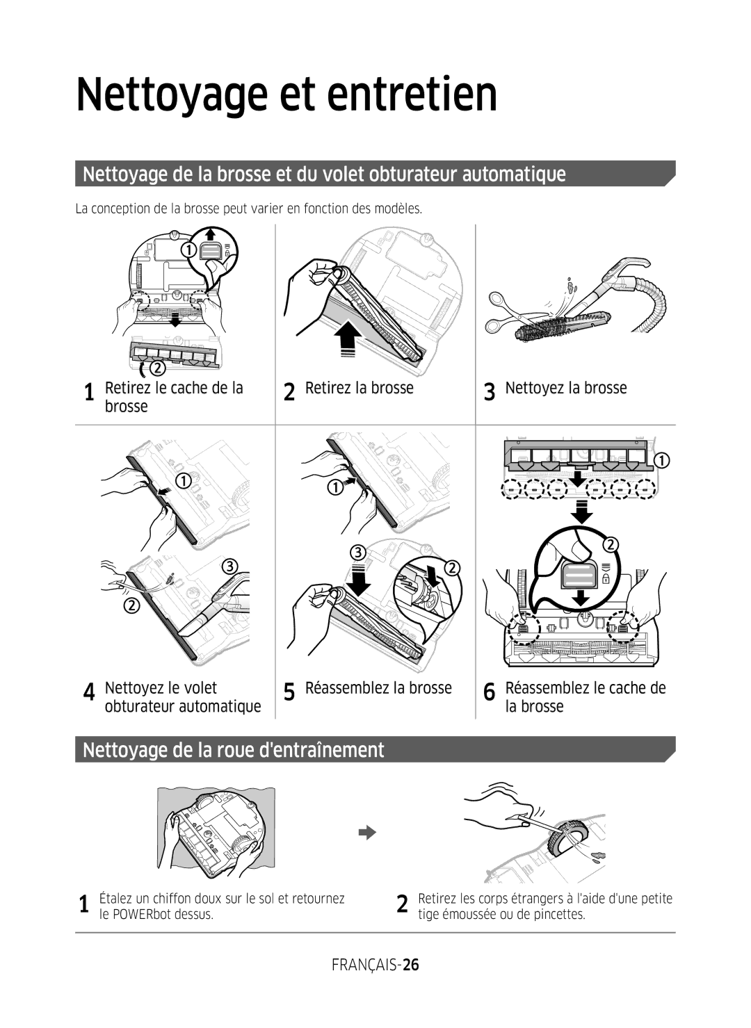 Samsung VR2GM7050UU/EG manual Nettoyage de la brosse et du volet obturateur automatique, Nettoyage de la roue dentraînement 