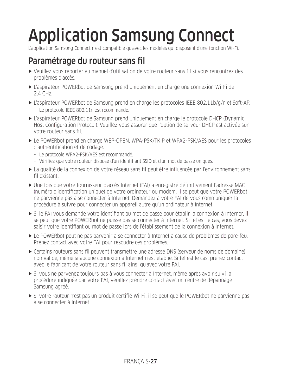 Samsung VR1GM7030WW/EG, VR1DM7020UH/EG manual Application Samsung Connect, Paramétrage du routeur sans fil, FRANÇAIS-27 