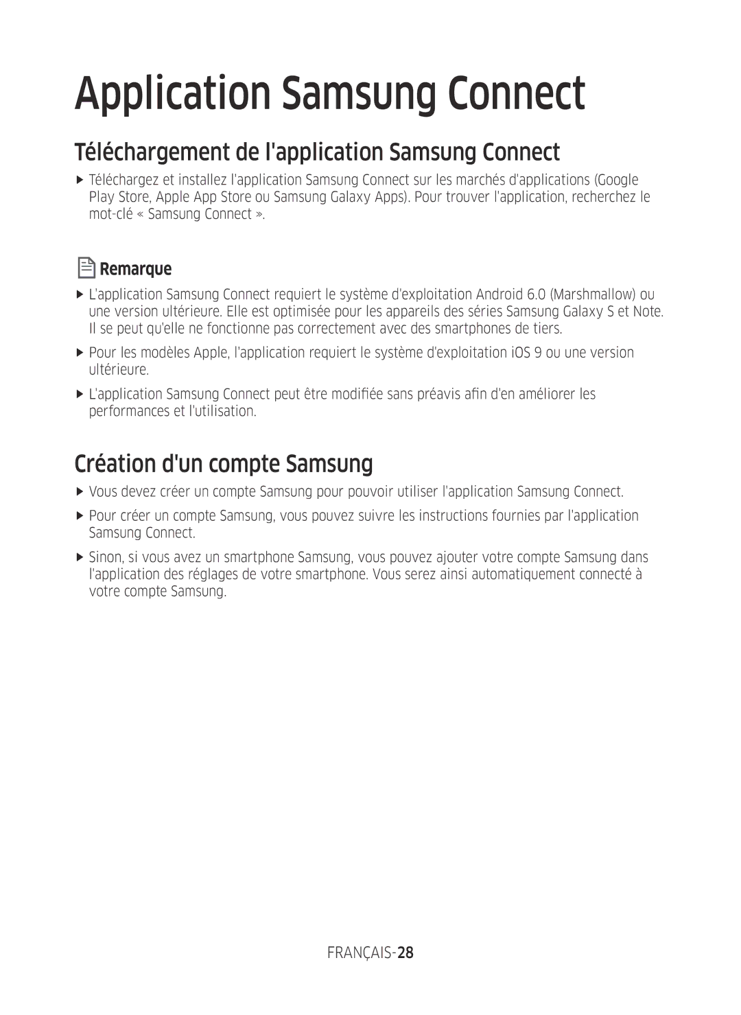 Samsung VR2DM7060WD/EG manual Téléchargement de lapplication Samsung Connect, Création dun compte Samsung, FRANÇAIS-28 