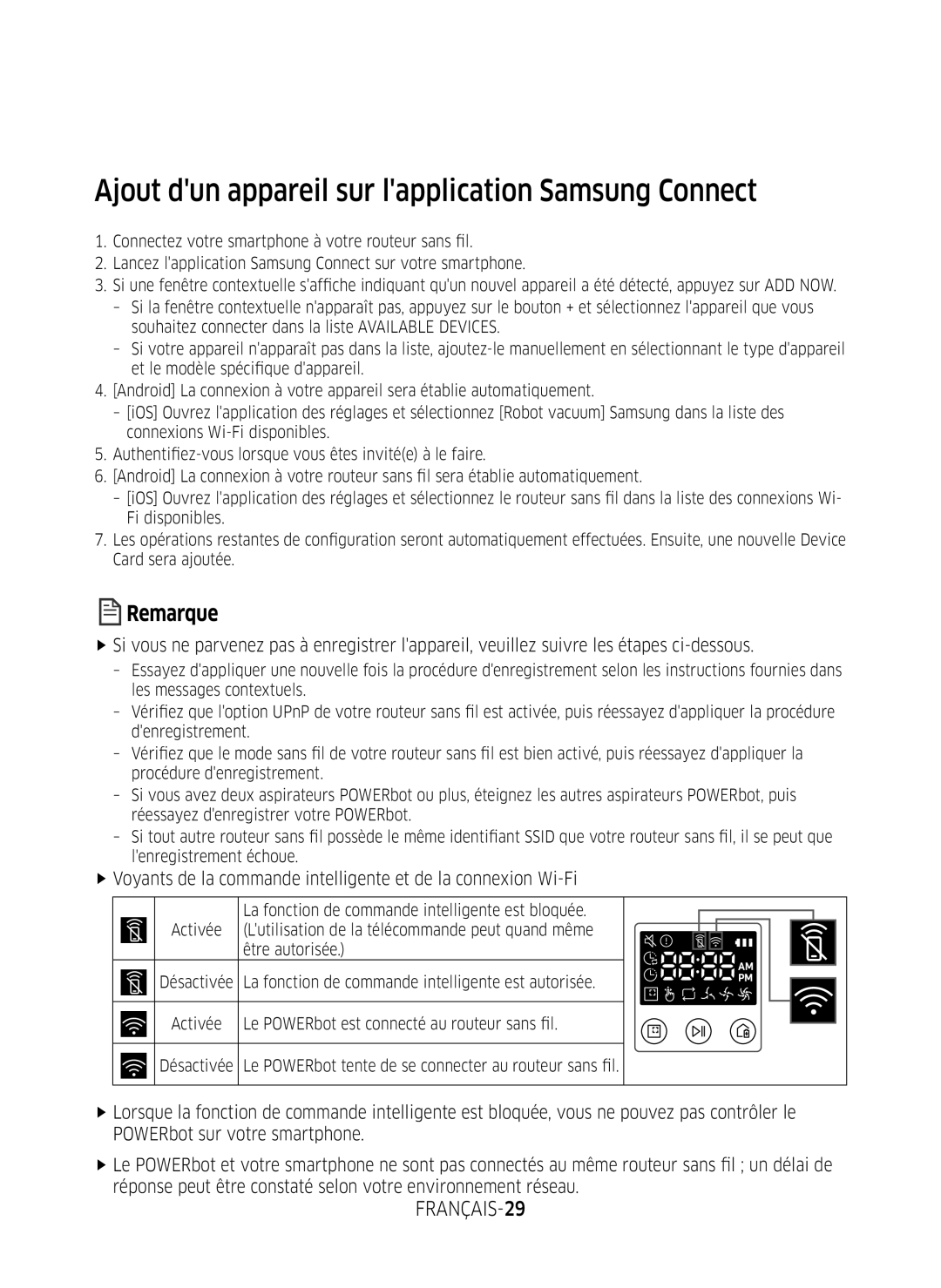 Samsung VR1GM7010UW/EG, VR1DM7020UH/EG, VR2GM7050UU/EG Ajout dun appareil sur lapplication Samsung Connect, FRANÇAIS-29 