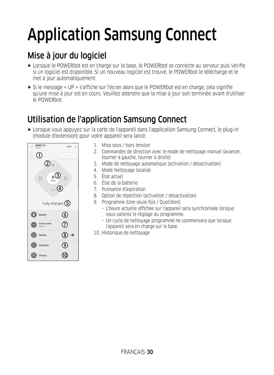 Samsung VR2GM7070WS/EG, VR1DM7020UH/EG Mise à jour du logiciel, Utilisation de lapplication Samsung Connect, FRANÇAIS-30 