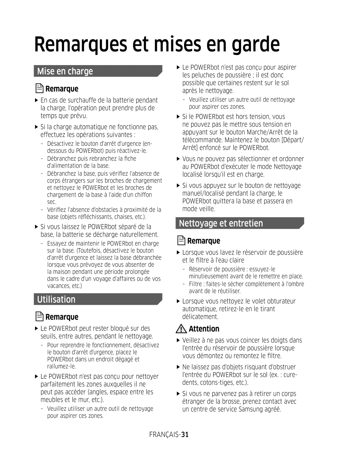 Samsung VR1GM7020UG/EG manual Remarques et mises en garde, Mise en charge, Utilisation, Nettoyage et entretien, FRANÇAIS-31 