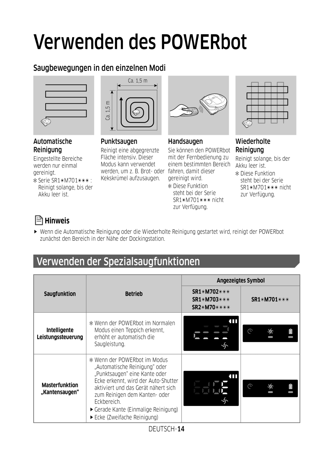 Samsung VR1DM7020UH/EG manual Verwenden der Spezialsaugfunktionen, Saugbewegungen in den einzelnen Modi, DEUTSCH-14 