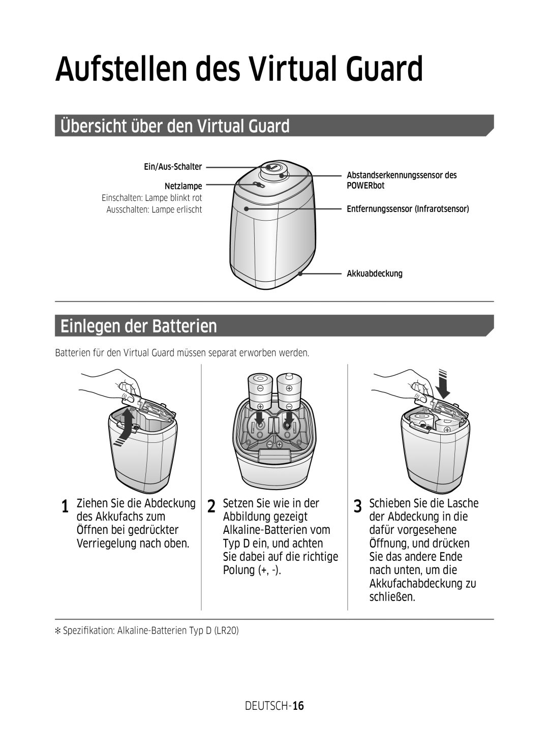 Samsung VR1GM7030WW/EG, VR1DM7020UH/EG, VR2GM7050UU/EG Übersicht über den Virtual Guard, Einlegen der Batterien, DEUTSCH-16 