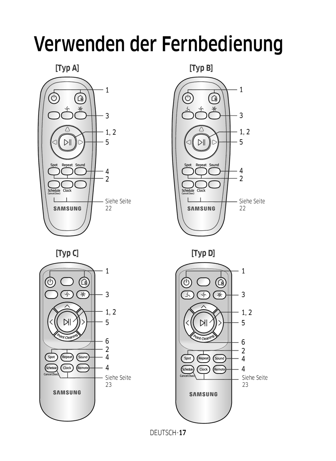 Samsung VR2DM7060WD/EG, VR1DM7020UH/EG, VR2GM7050UU/EG, VR1GM7030WW/EG Verwenden der Fernbedienung, DEUTSCH-17, Siehe Seite 