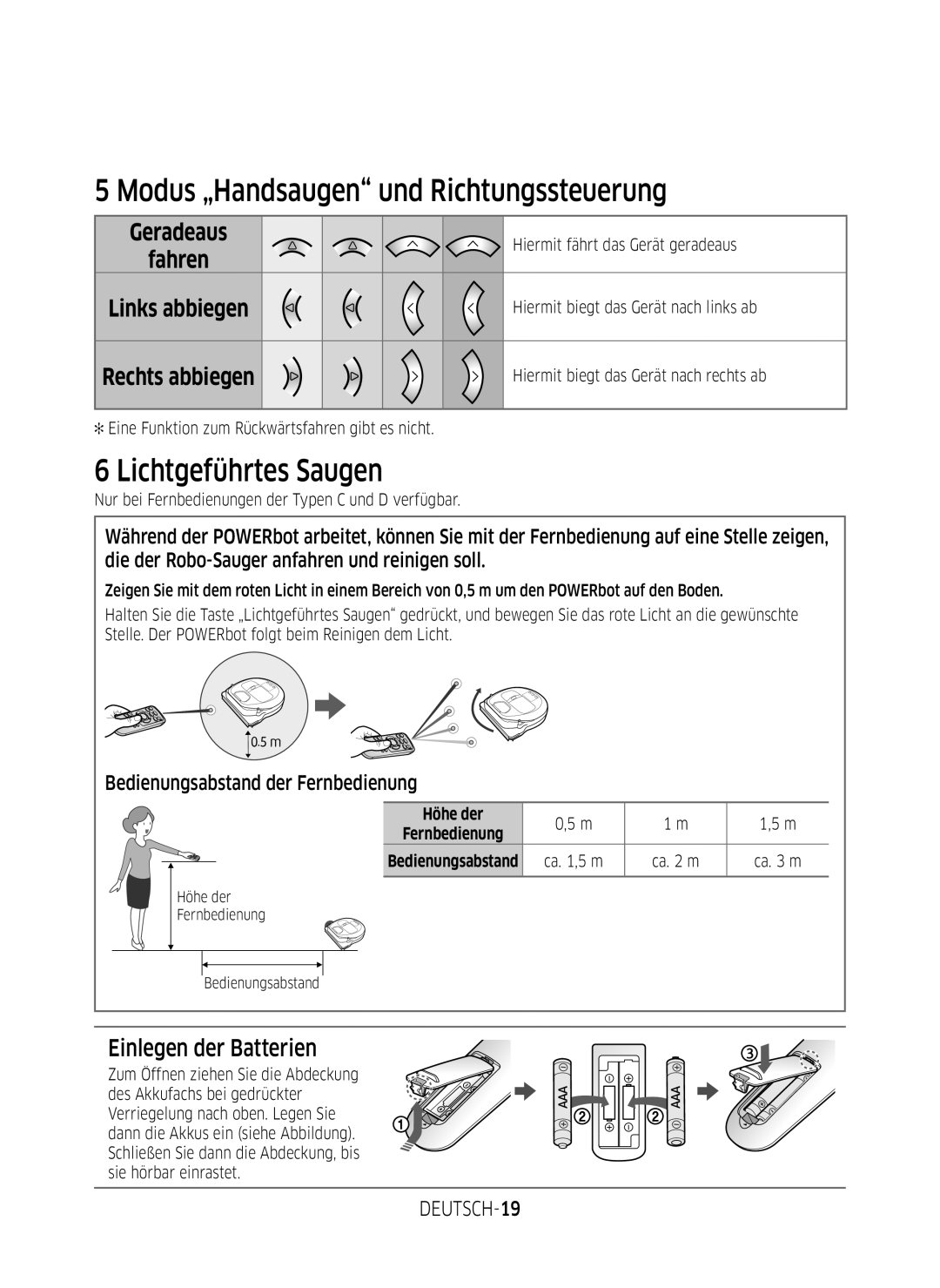 Samsung VR2GM7070WS/EG Modus „Handsaugen und Richtungssteuerung, Lichtgeführtes Saugen, Einlegen der Batterien, DEUTSCH-19 