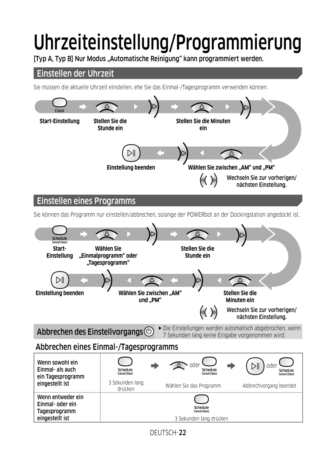 Samsung VR2GM7050UU/EG Einstellen der Uhrzeit, Einstellen eines Programms, Abbrechen des Einstellvorgangs, DEUTSCH-22 