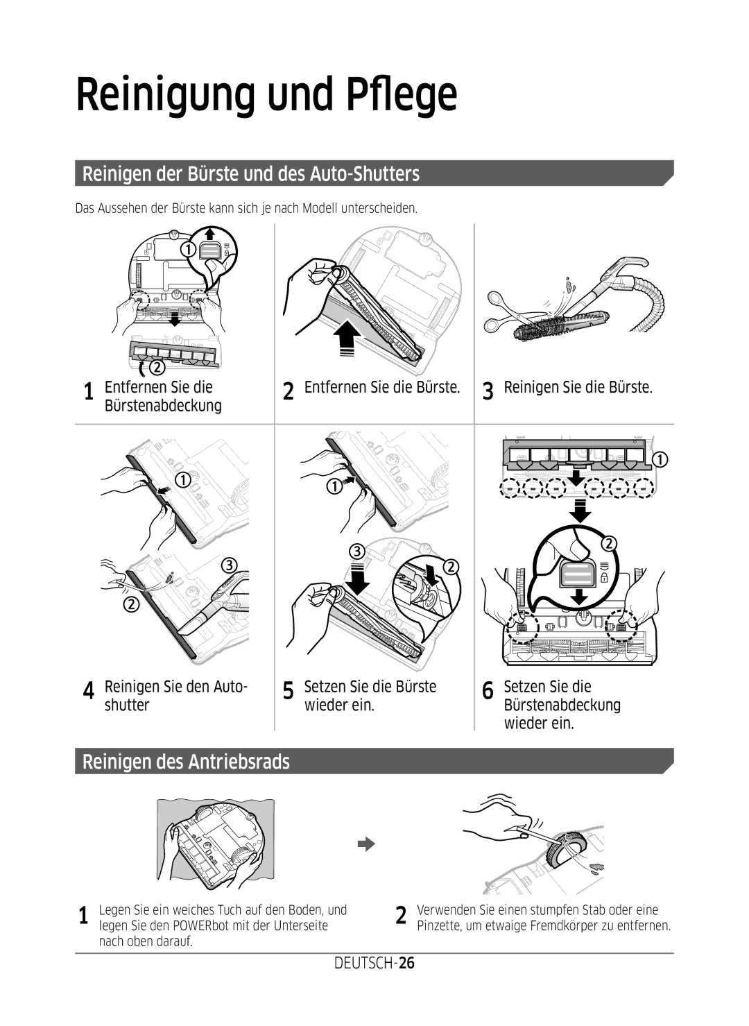 Samsung VR2GM7070WS/EG manual Reinigen der Bürste und des Auto-Shutters, Reinigen des Antriebsrads, Shutter Wieder ein 