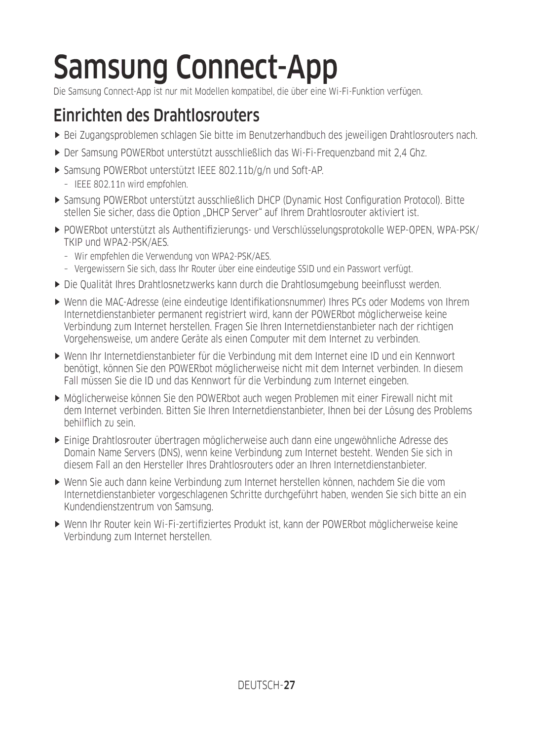 Samsung VR1GM7020UG/EG, VR1DM7020UH/EG, VR2GM7050UU/EG manual Samsung Connect-App, Einrichten des Drahtlosrouters, DEUTSCH-27 