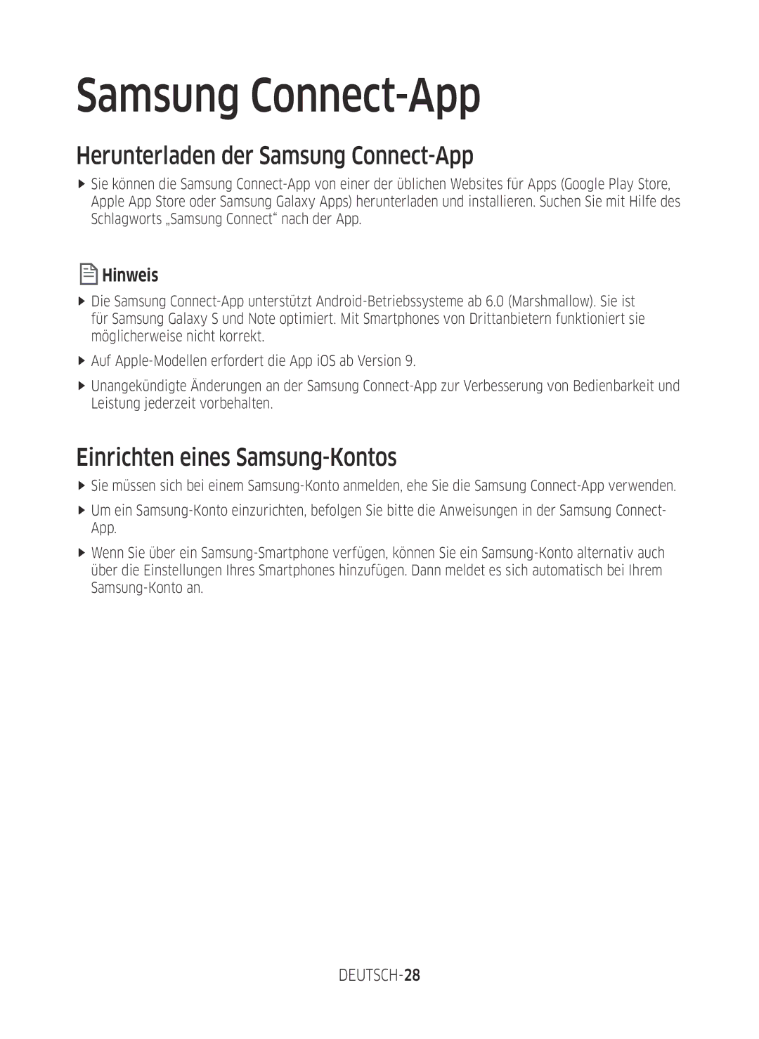 Samsung VR1DM7020UH/EG, VR2GM7050UU/EG Herunterladen der Samsung Connect-App, Einrichten eines Samsung-Kontos, DEUTSCH-28 