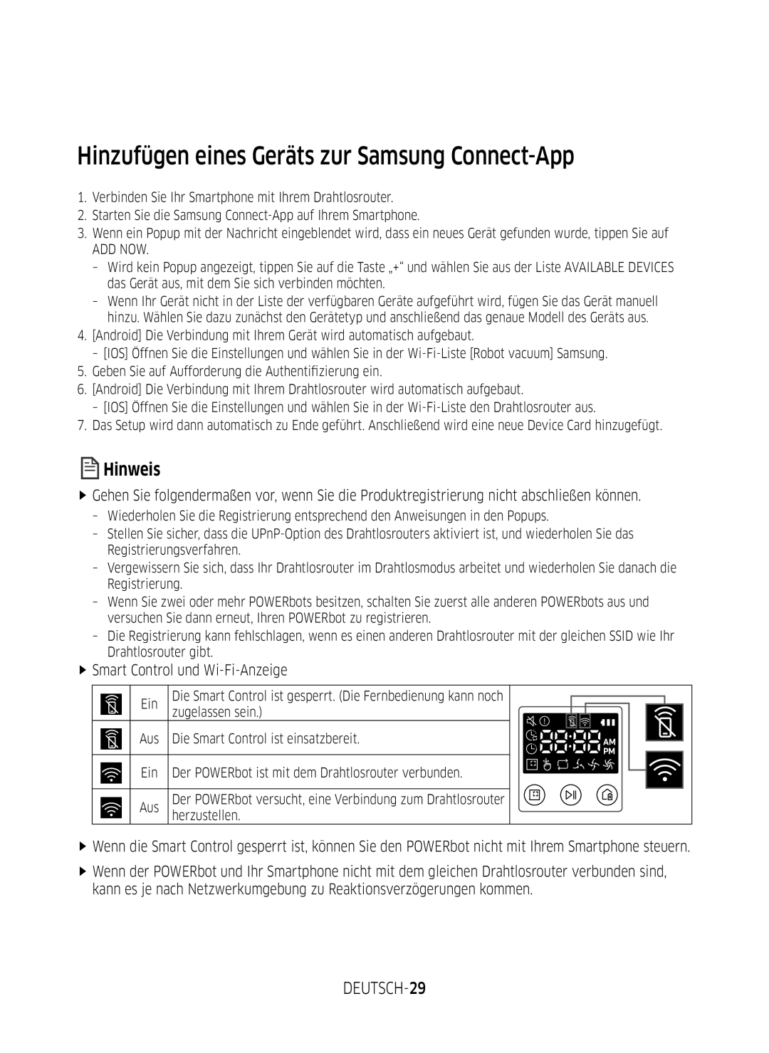 Samsung VR2GM7050UU/EG Hinzufügen eines Geräts zur Samsung Connect-App, DEUTSCH-29, FfSmart Control und Wi-Fi-Anzeige, Ein 