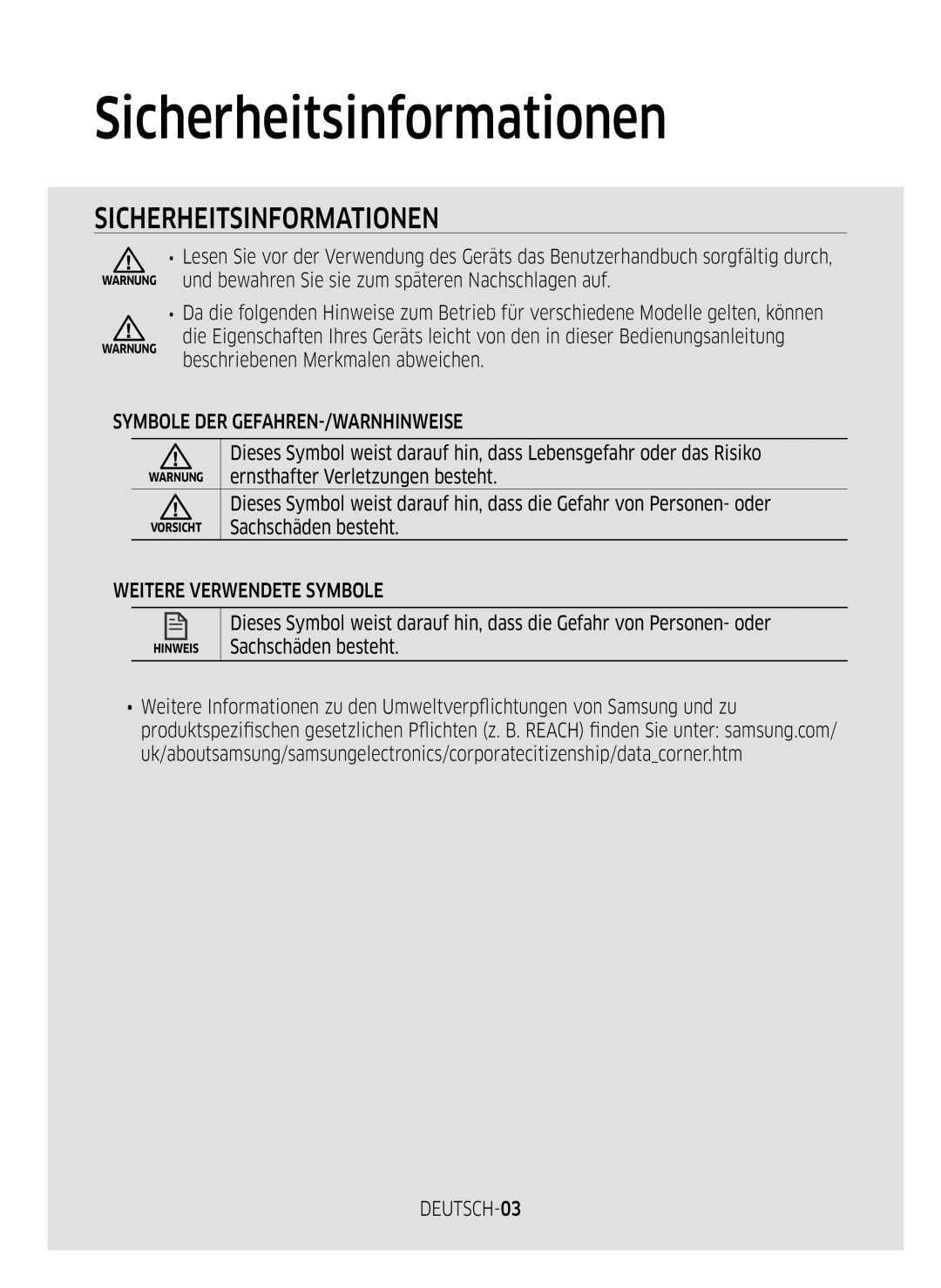 Samsung VR2DM7060WD/EG manual Sicherheitsinformationen, Symbole DER GEFAHREN-/WARNHINWEISE, Weitere Verwendete Symbole 