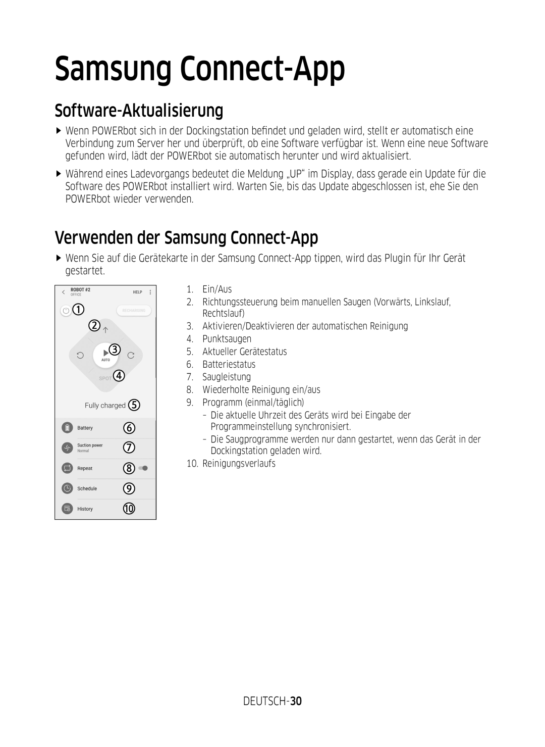 Samsung VR1GM7030WW/EG, VR1DM7020UH/EG manual Software-Aktualisierung, Verwenden der Samsung Connect-App, DEUTSCH-30 