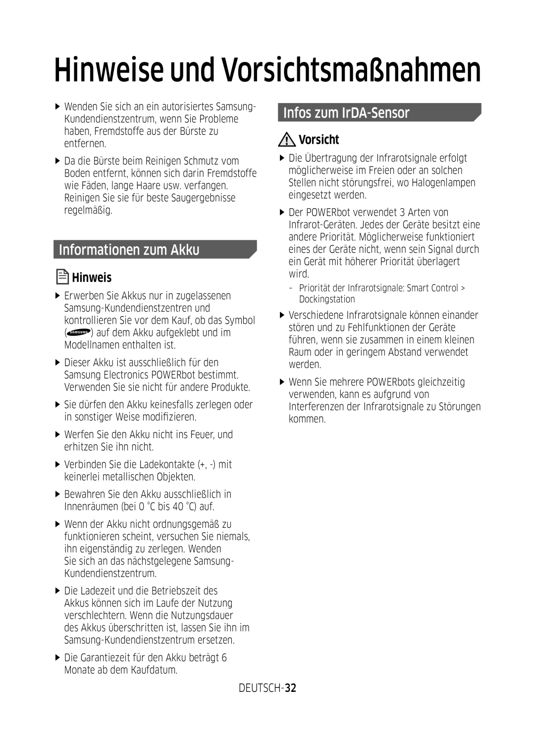 Samsung VR1GM7010UW/EG, VR1DM7020UH/EG, VR2GM7050UU/EG manual Informationen zum Akku, Infos zum IrDA-Sensor, DEUTSCH-32 