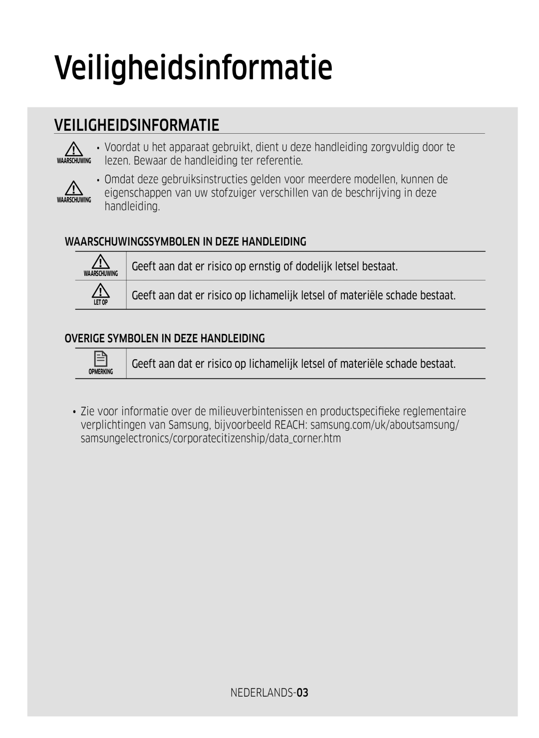 Samsung VR2GM7050UU/EG, VR1DM7020UH/EG Veiligheidsinformatie, Waarschuwingssymbolen in Deze Handleiding, NEDERLANDS-03 