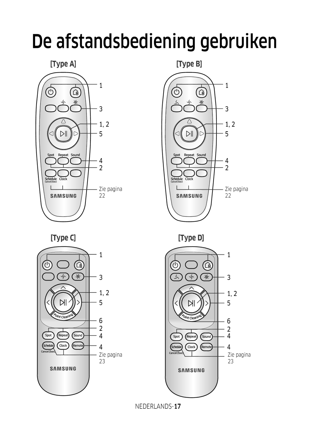 Samsung VR2GM7050UU/EG, VR1DM7020UH/EG, VR1GM7030WW/EG manual De afstandsbediening gebruiken, NEDERLANDS-17, Zie pagina 