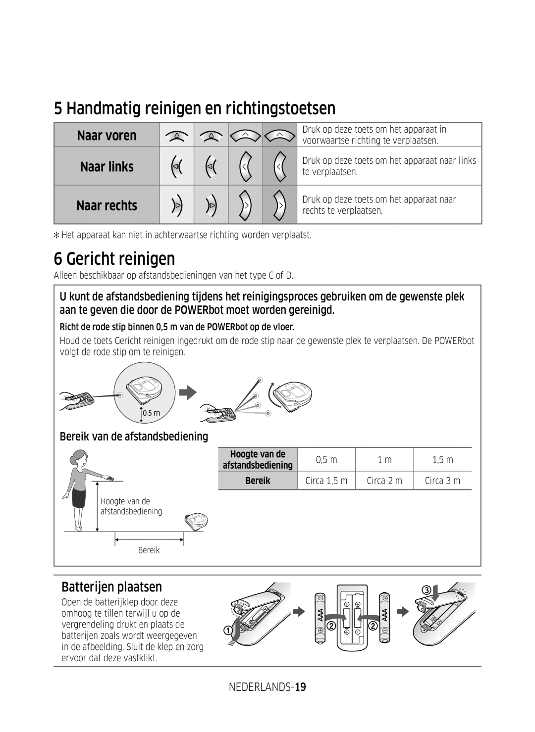 Samsung VR2DM7060WD/EG manual Handmatig reinigen en richtingstoetsen, Gericht reinigen, Batterijen plaatsen, NEDERLANDS-19 