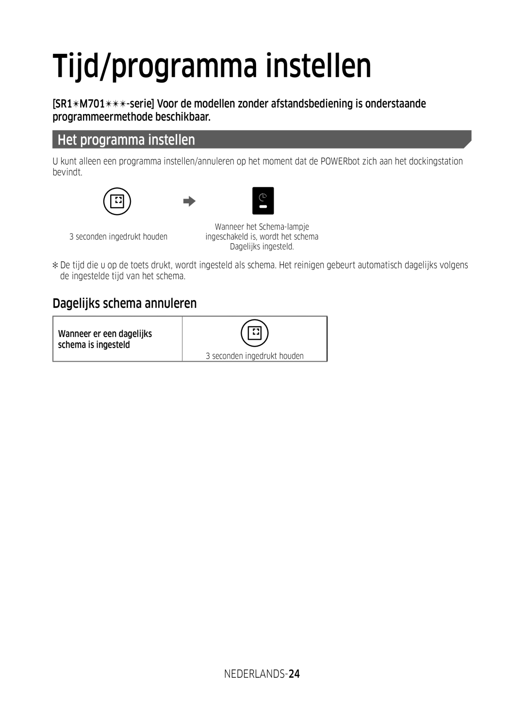 Samsung VR2GM7050UU/EG, VR1DM7020UH/EG, VR1GM7030WW/EG, VR2DM7060WD/EG manual Dagelijks schema annuleren, NEDERLANDS-24 