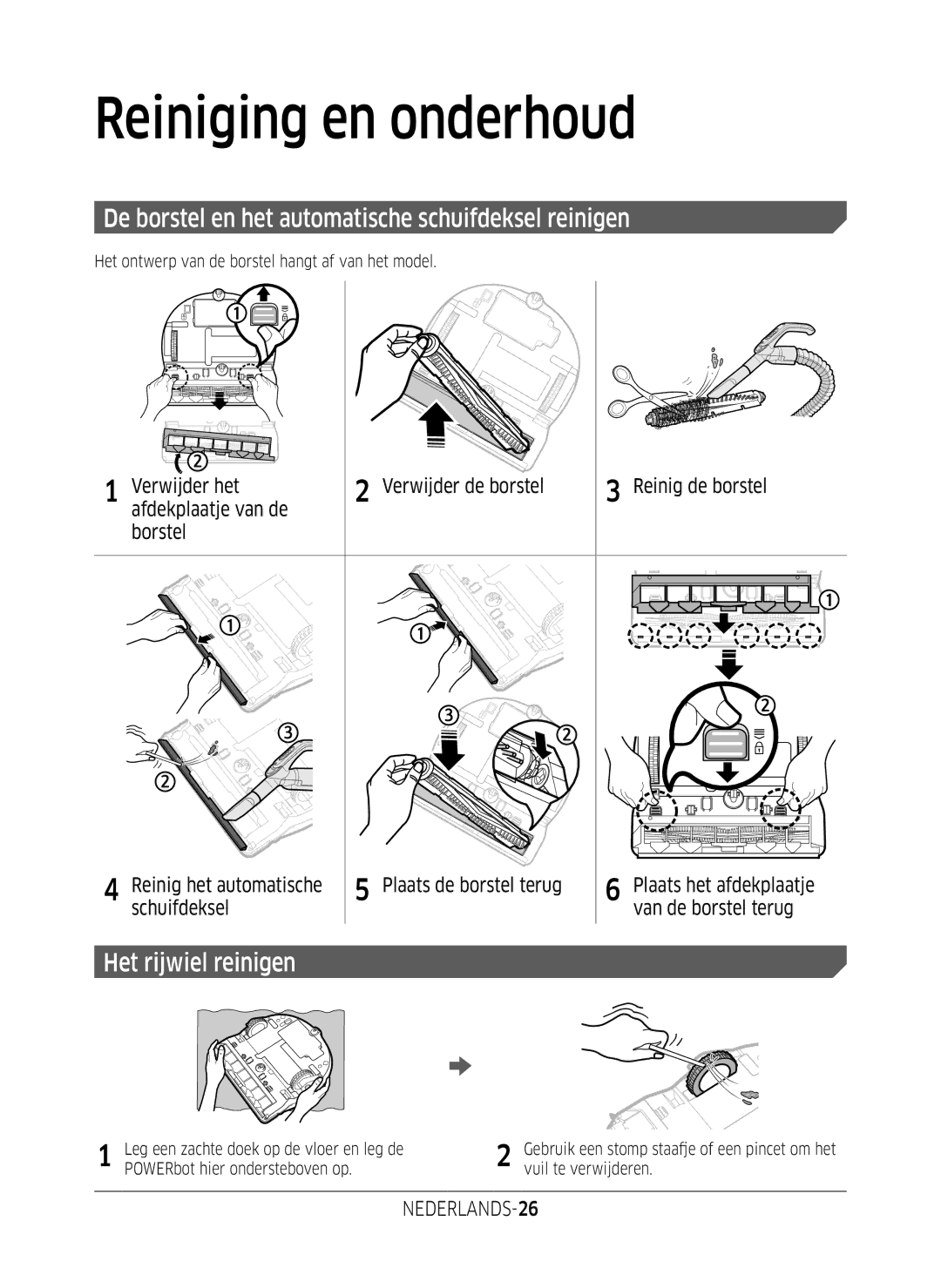 Samsung VR2DM7060WD/EG manual De borstel en het automatische schuifdeksel reinigen, Het rijwiel reinigen, NEDERLANDS-26 