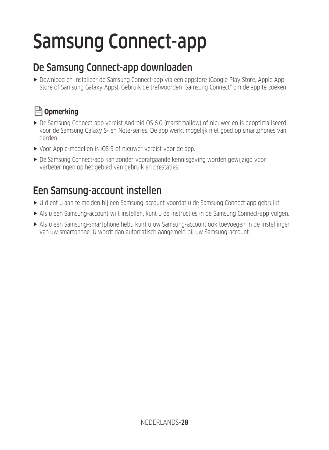 Samsung VR2GM7070WS/EG, VR1DM7020UH/EG De Samsung Connect-app downloaden, Een Samsung-account instellen, NEDERLANDS-28 