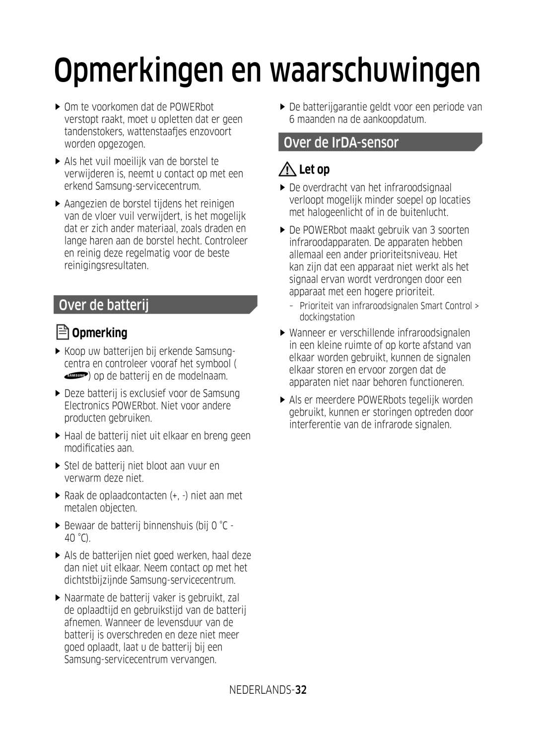 Samsung VR1GM7030WW/EG, VR1DM7020UH/EG, VR2GM7050UU/EG, VR2DM7060WD/EG Over de batterij, Over de IrDA-sensor, NEDERLANDS-32 